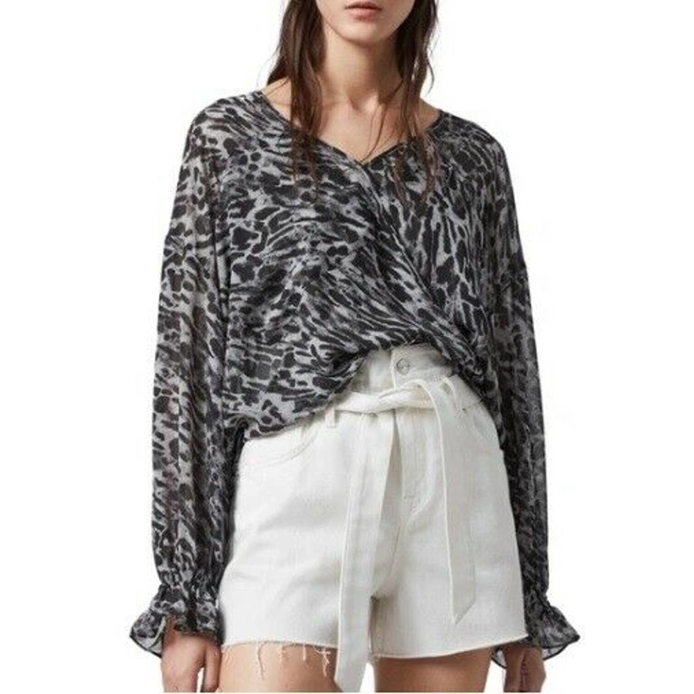 ALLSAINTS Women's Chiffon Penny Ambient Long Sleeve V-Neck Blouse Gray M, NWT
